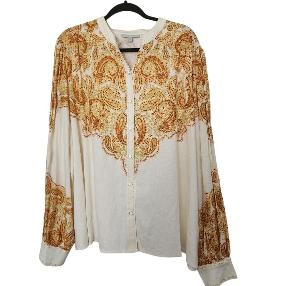 Ryegrass Womens Plus Paisley Button-Up Long Sleeve Linen Blend Blouse Size 3X